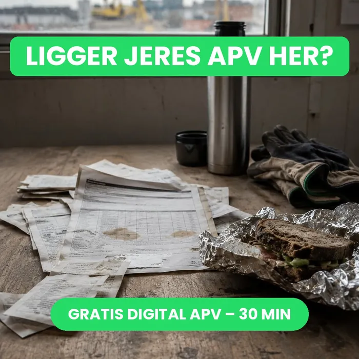 Annonce: APV-papirer og en madpakke på et støvet bord, med teksten “Ligger jeres APV her?”
