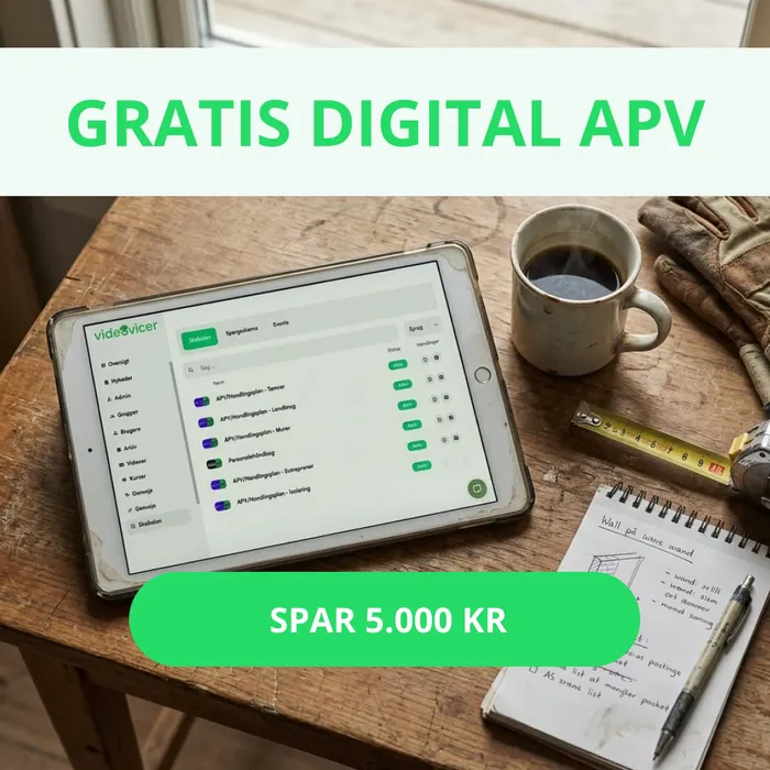 Annonce: en værktøjstaske og en telefon i et værksted, med teksten “APV’en klaret inden fyraften”