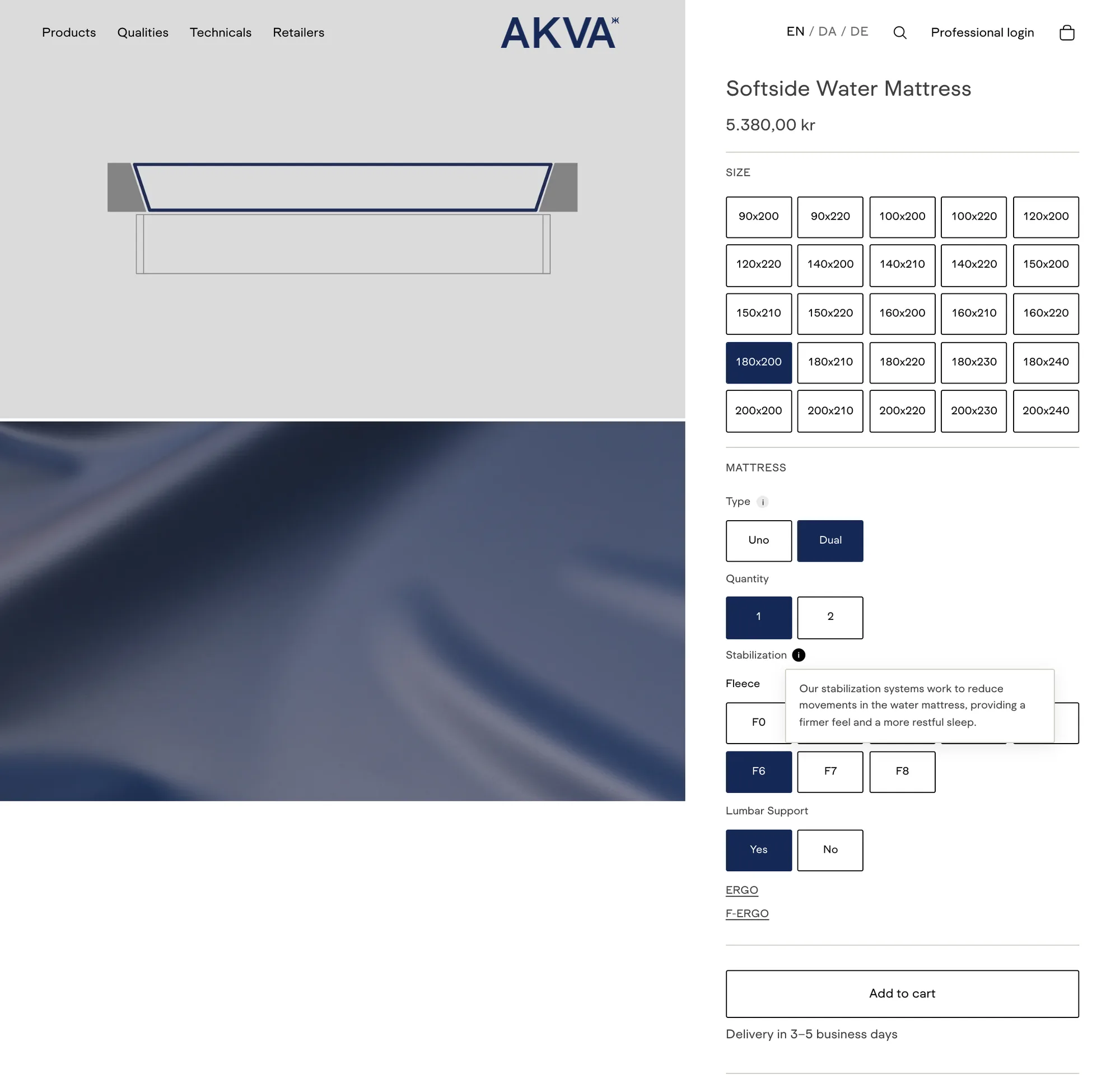 The product page for the Softside water mattress on akva.com: 180x200 and Dual selected, Fleece F6 stabilisation with lumbar support, the price updated and an explanation of stabilisation open beside the options