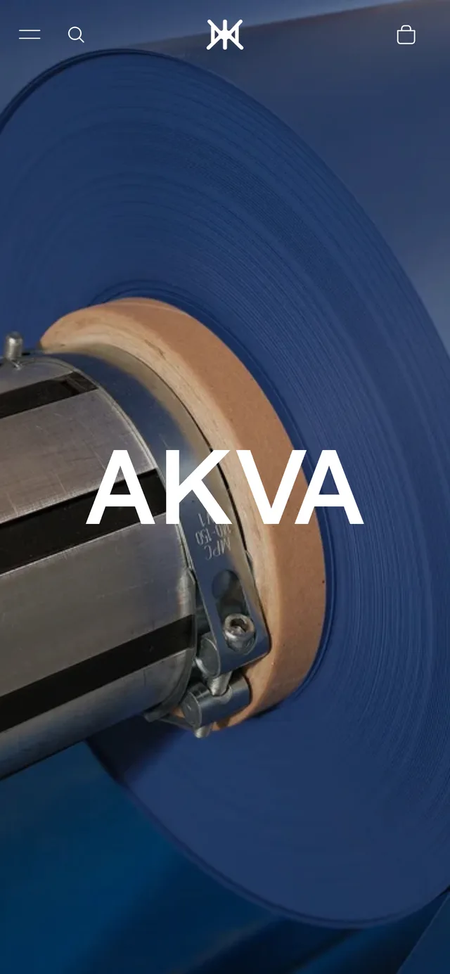 The akva.com front page on a phone: a roll of blue vinyl with AKVA set across it