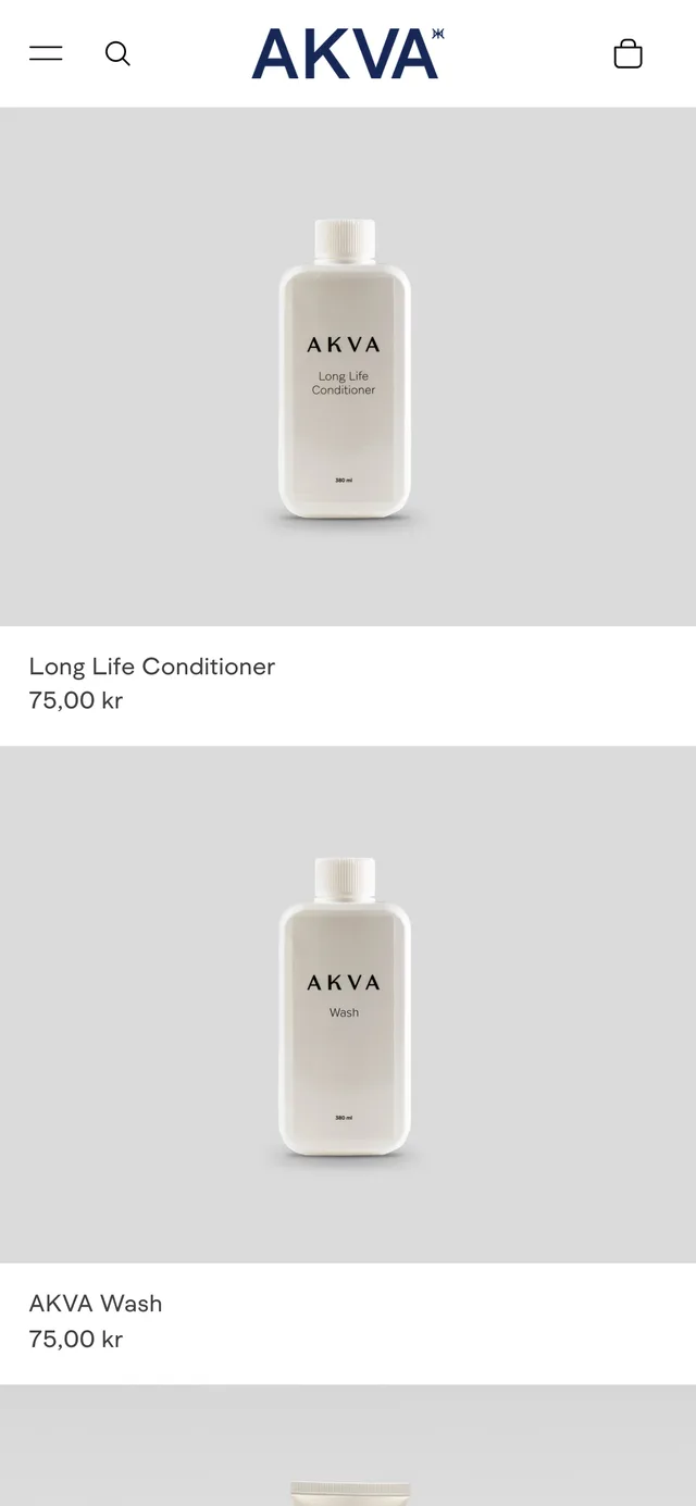The webshop’s care products on a phone, each with its price below